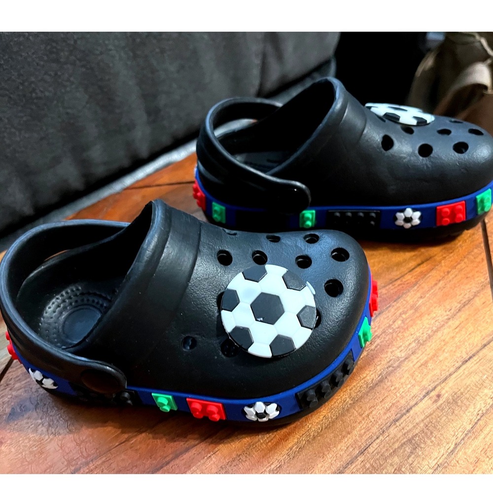 Kids‎ Clogs Shoes Black Colorful Blocks Soccer Ball Legos Fun Casual Size 5 Baby
